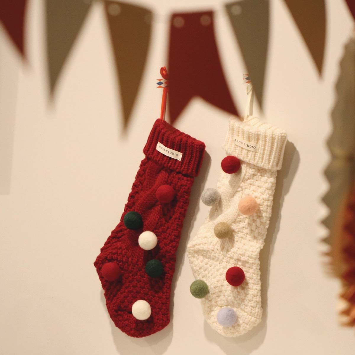 Knit Christmas Stocking with Felt Pompoms