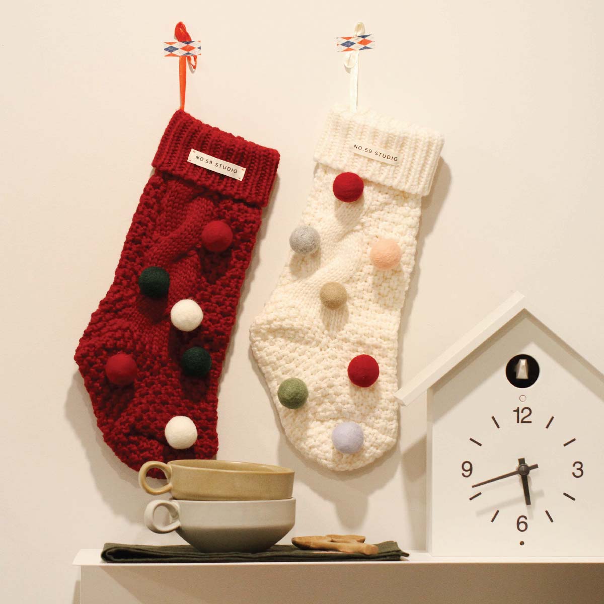 Knit Christmas Stocking with Felt Pompoms