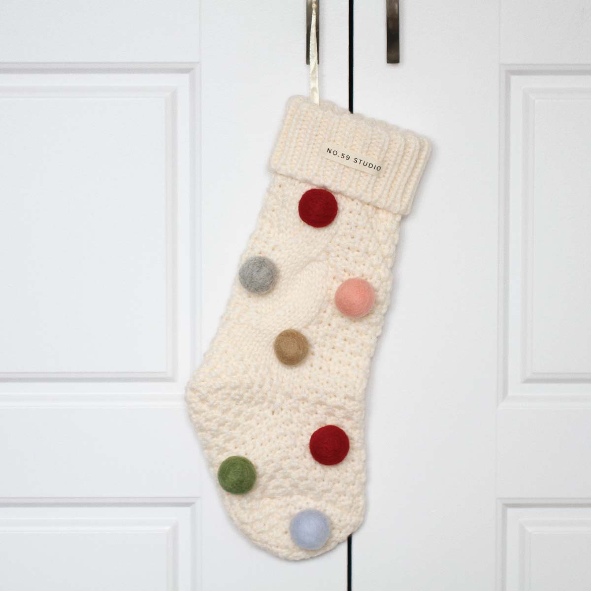 Knit Christmas Stocking with Felt Pompoms
