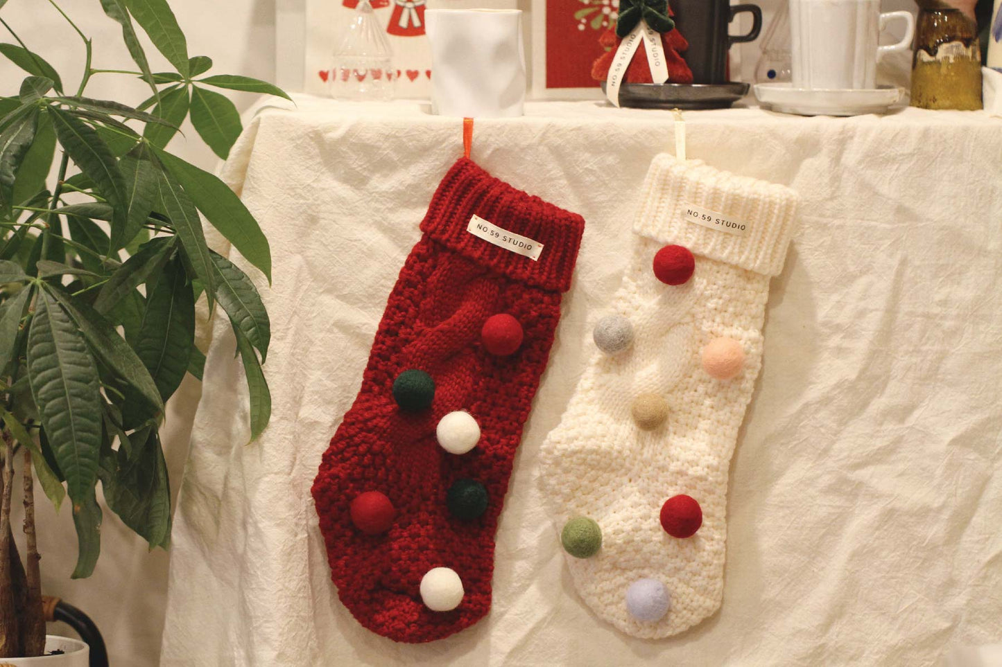 Knit Christmas Stocking with Felt Pompoms