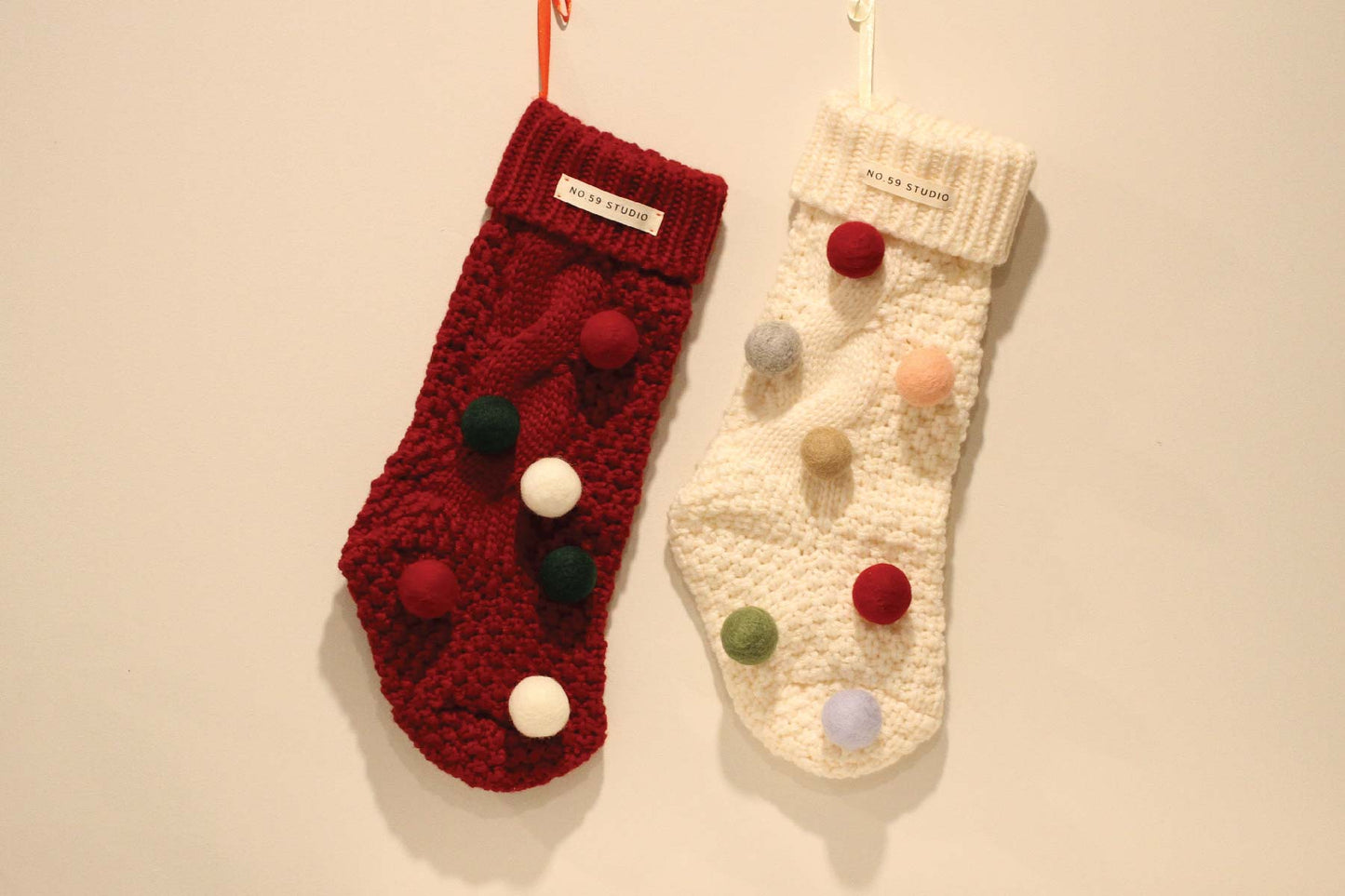 Knit Christmas Stocking with Felt Pompoms