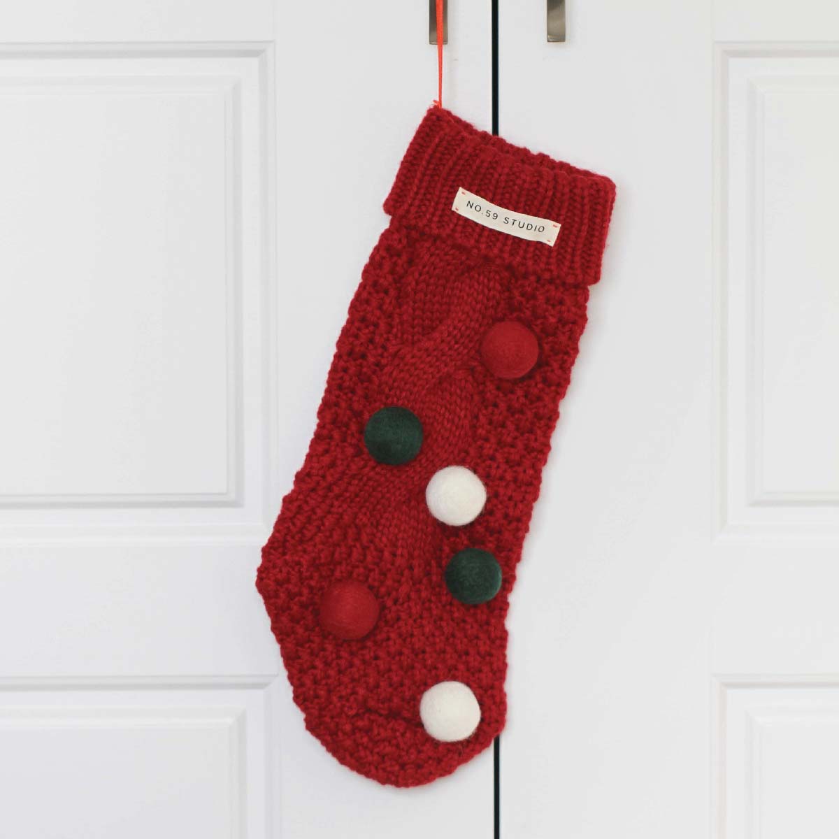Knit Christmas Stocking with Felt Pompoms